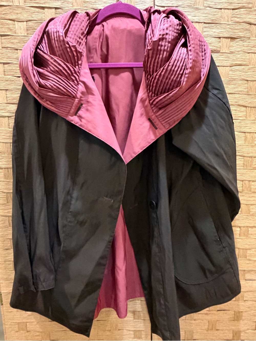 Mycra Pac Donatella Reversible Rain Jacket Fuscia Black Pleated Hood Travel S/M